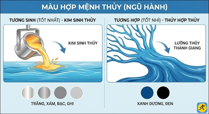 Mệnh Thuỷ hợp với các màu sắc đại diện cho hành Kim như Trắng tinh khôi, Xám bạc, Ghi hay các màu ánh kim