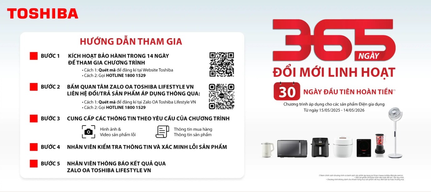 CHƯƠNG TR&Igrave;NH 1 ĐỔI 1 TRONG 365 NG&Agrave;Y D&Agrave;NH CHO SẢN PHẨM GIA DỤNG TOSHIBA