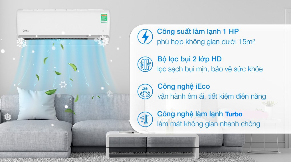 Máy lạnh Midea Inverter 9000 BTU MAFA-09CDN8 dàn tản nhiệt mạ Hyper Grapfins bền bỉ