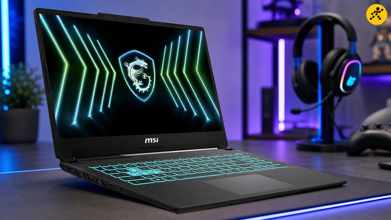 MSI Cyborg 15 Black Edition A13VEO 2608VN màu đen đặt trong không gian góc gaming ánh đèn xanh tím MSI Cyborg 15 Black Edition A13VEO 2608VN màu đen đặt trong không gian góc gaming ánh đèn xanh tím