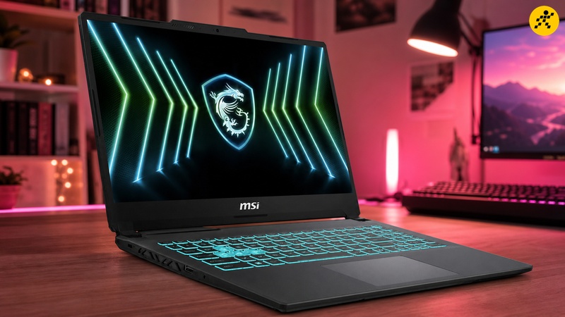 Laptop MSI Cyborg 15 Black Edition A13VEO 2608VN, màu đen, mở máy đặt trong không gian phòng gaming với ánh đèn LED hồng/tím ấm, bàn phím RGB xanh cyan, thấy rõ toàn bộ máy từ góc 3/4 MSI Cyborg 15 Black Edition A13VEO trong phòng gaming ánh đèn hồng tím