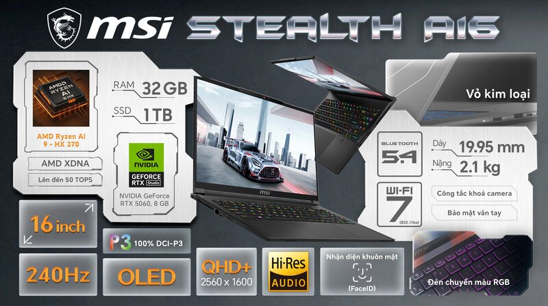 Laptop MSI Gaming Stealth A16 AI+ A3XWFG-018VN có pin 99.9Wh, kịch trần dung lượng được mang lên máy bay và lớn nhất danh sách Laptop MSI Gaming Stealth A16 AI+ A3XWFG-018VN