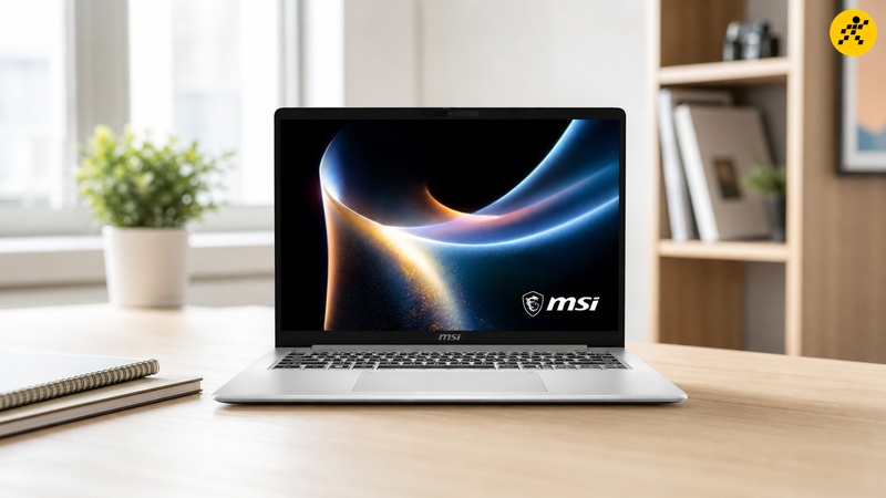 Laptop MSI Modern 14S G3MG-003VN màu bạc mở máy đặt trên bàn làm việc ánh sáng tự nhiên Laptop MSI Modern 14S G3MG-003VN màu bạc mở máy đặt trên bàn làm việc ánh sáng tự nhiên