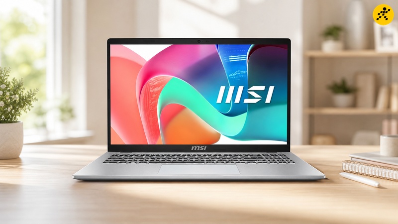 Laptop MSI Modern 15 F1MG-1264VN màu bạc mở máy đặt trên bàn làm việc ánh sáng tự nhiên Laptop MSI Modern 15 F1MG-1264VN màu bạc mở máy đặt trên bàn làm việc ánh sáng tự nhiên
