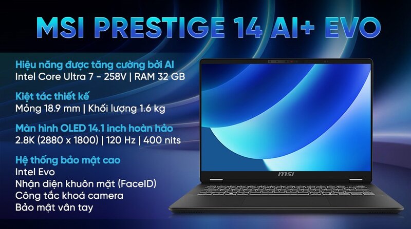 Laptop MSI Prestige 14 AI+ Evo C2VMG-020VN đạt chuẩn Intel Evo, cam kết pin 90Wh trụ cả ngày mà hiệu năng không tụt Laptop MSI Prestige 14 AI+ Evo C2VMG-020VN