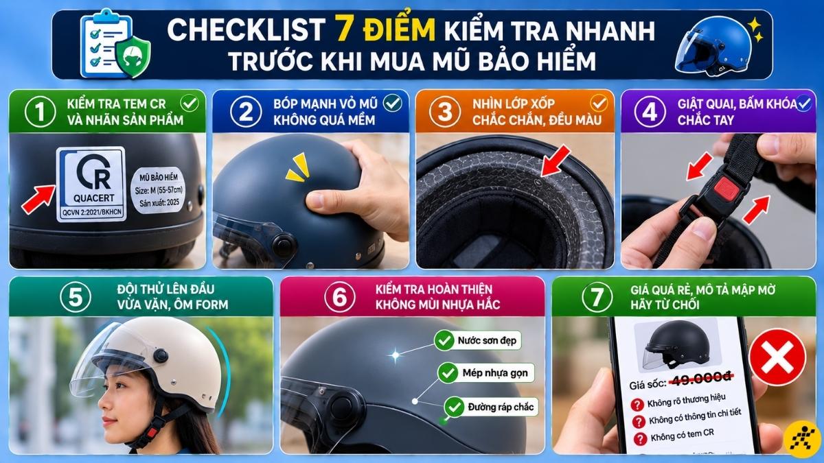 Checklist 7 điểm kiểm tra nhanh trước khi mua mũ bảo hiểm Checklist 7 điểm kiểm tra nhanh trước khi mua mũ bảo hiểm