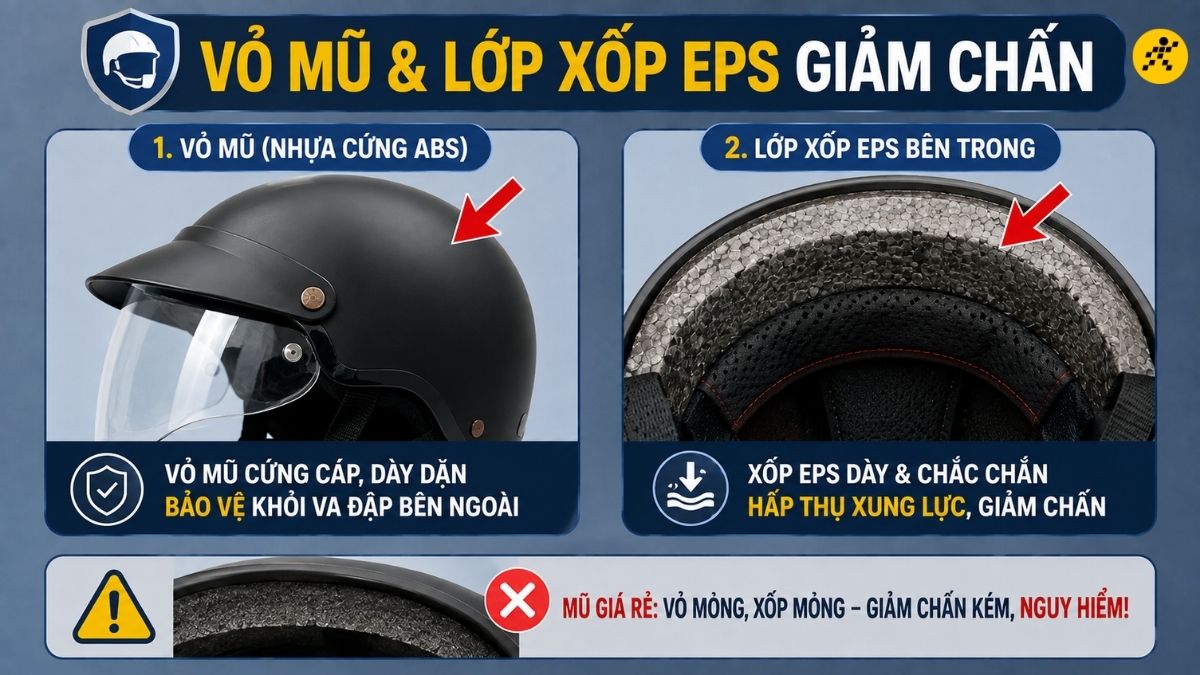 Vỏ mũ và lớp xốp EPS giảm chấn Vỏ mũ và lớp xốp EPS giảm chấn