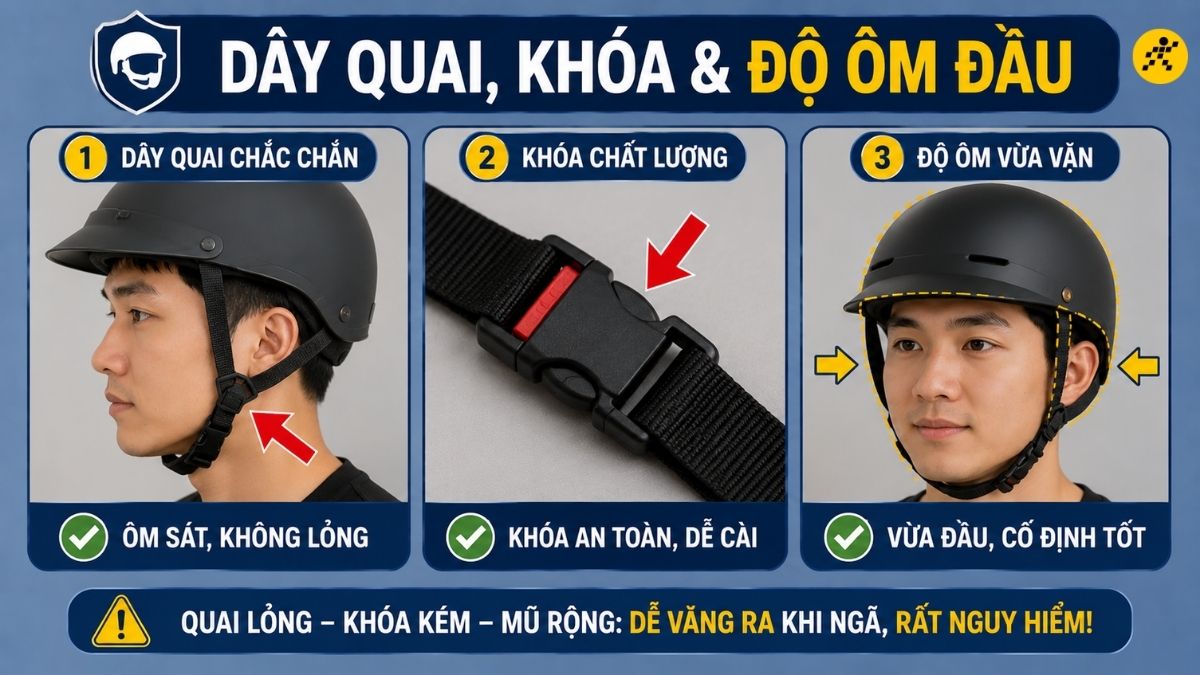 Dây quai, khóa và độ ôm đầu phải vừa vặn Dây quai, khóa và độ ôm đầu phải vừa vặn