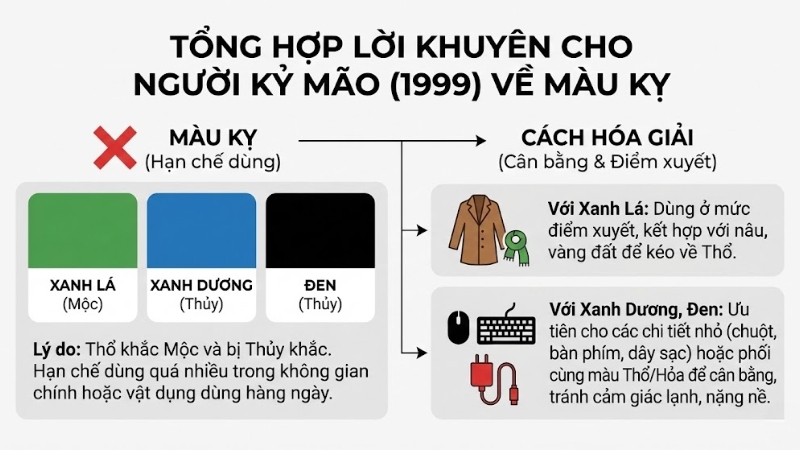Kỷ Mão 1999 nên hạn chế dùng quá nhiều màu xanh lá (Mộc), xanh dương và đen (Thủy) Kỷ Mão 1999 nên hạn chế dùng quá nhiều màu xanh lá (Mộc), xanh dương và đen (Thủy)
