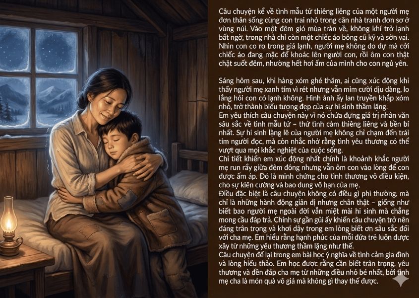 Đoạn văn mẫu nêu lý do em yêu thích một câu chuyện về tình yêu thương hoặc lòng biết ơn