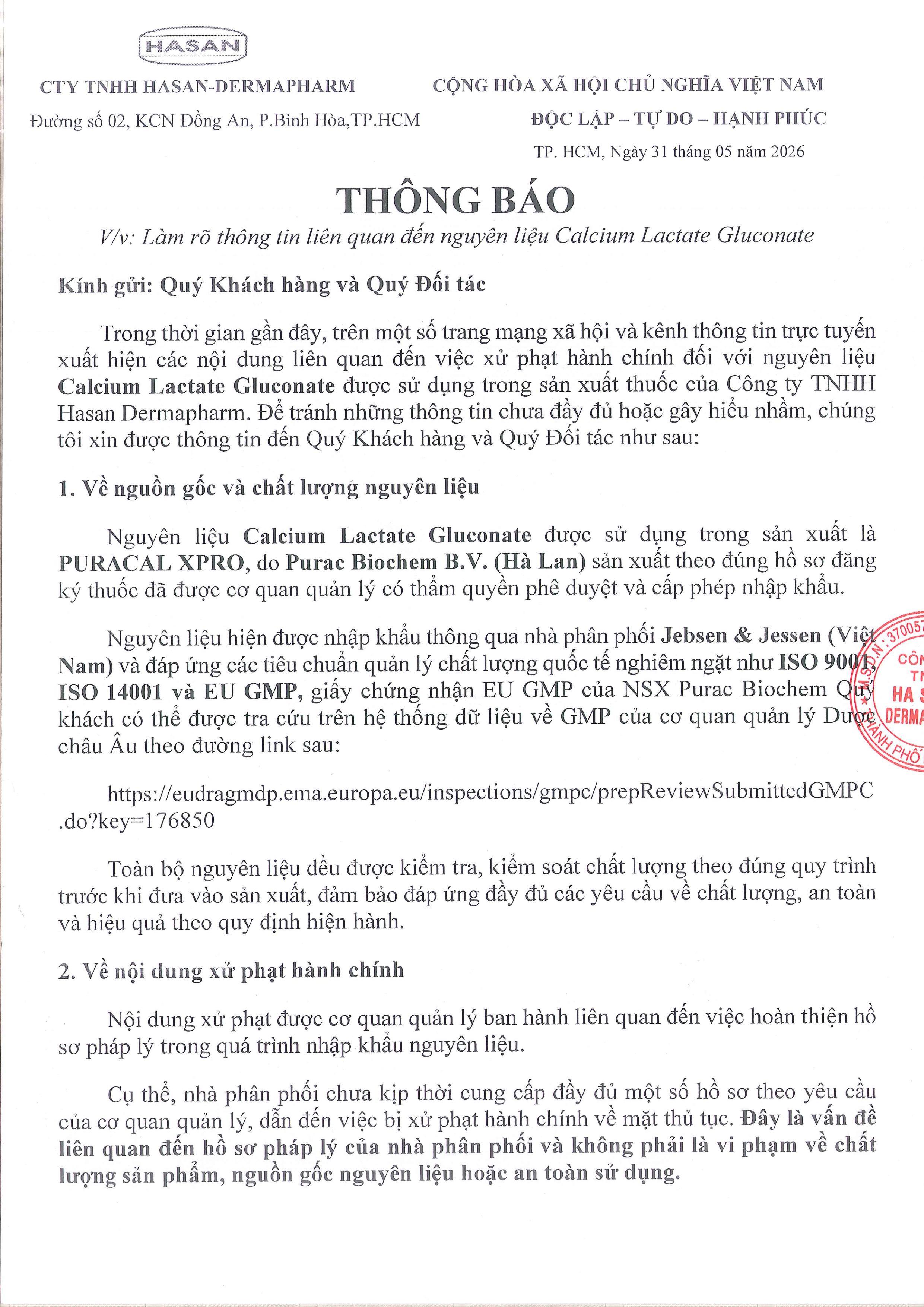 văn bản giải trình từ Công ty TNHH Hasan - Dermapharm ngày 31/05/2026
