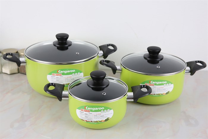 Bộ 3 nồi nhôm chống dính nắp kính Kangaroo KG993MX sử dụng thuận tiện trên cả bếp từ, bếp hồng ngoại, bếp ga
