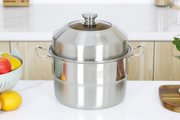 Nồi xửng hấp inox nắp inox 26 cm Green Cook GCST01-26IH gồm 1 xửng hấp và 1 nồi, có thể hầm hay luộc gà từ 1.5 - 1.8 kg