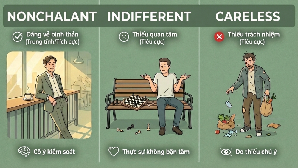 Ph&acirc;n biệt Nonchalant với Indifferent, Careless