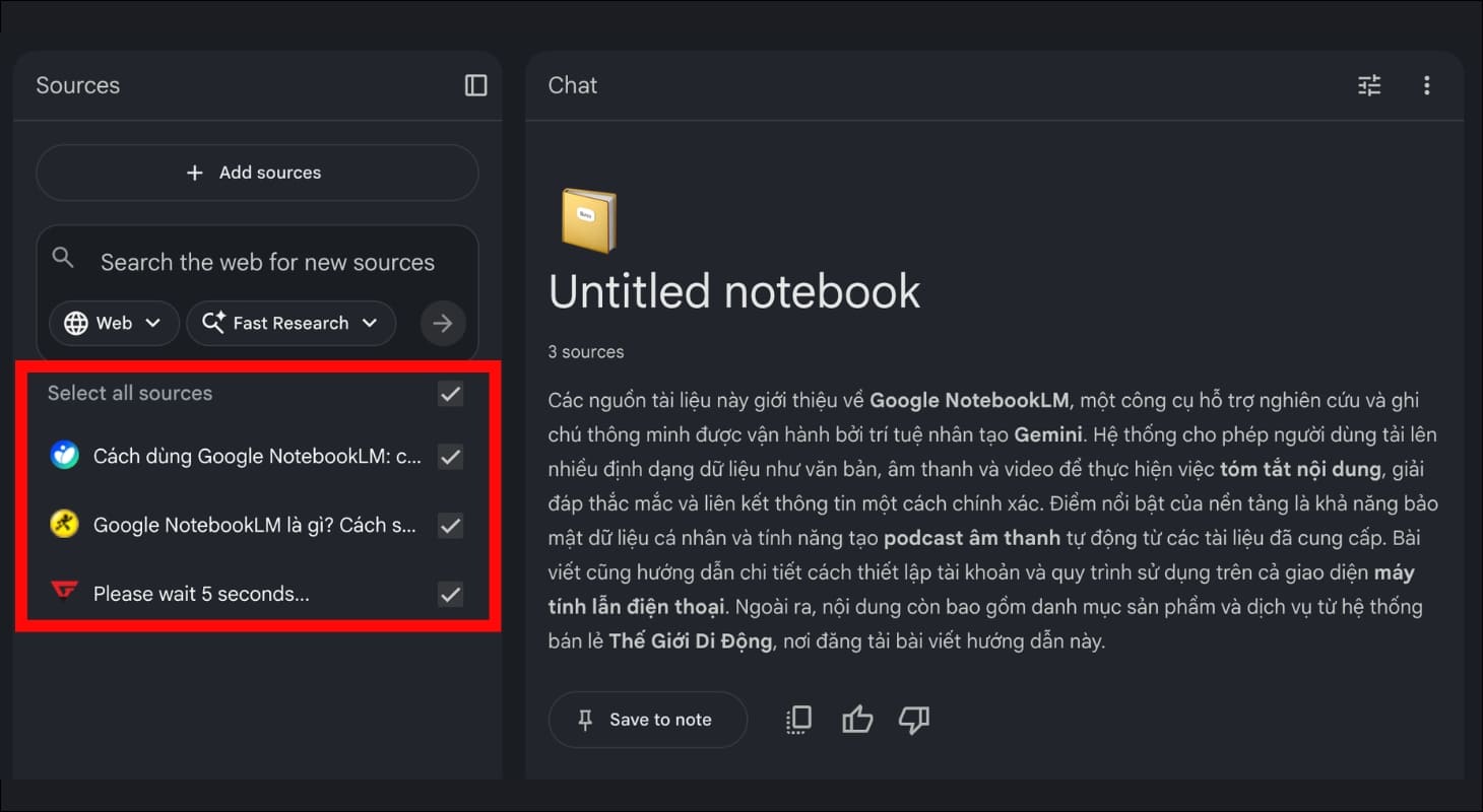 Cột tài liệu tham khảo ở bên trái giao diện NotebookLM