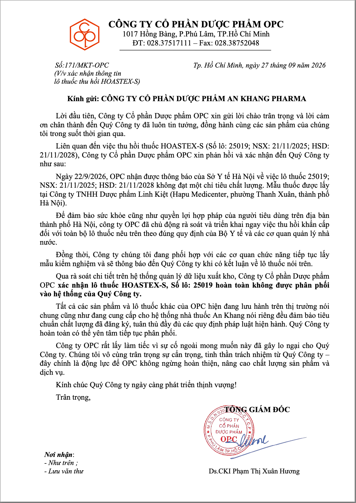 Công văn xác nhận từ Công ty Cổ phần Dược phẩm OPC về lô thuốc HOASTEX-S số lô 25019 Công văn xác nhận từ Công ty Cổ phần Dược phẩm OPC về lô thuốc HOASTEX-S số lô 25019