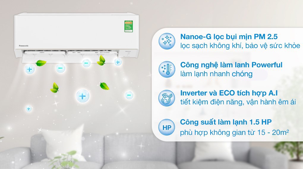 Máy lạnh 2 chiều Panasonic Inverter 1.5 HP CU/CS-YZ12AKH-8 lọc bụi mịn PM2.5 và tiết kiệm điện ECO AI