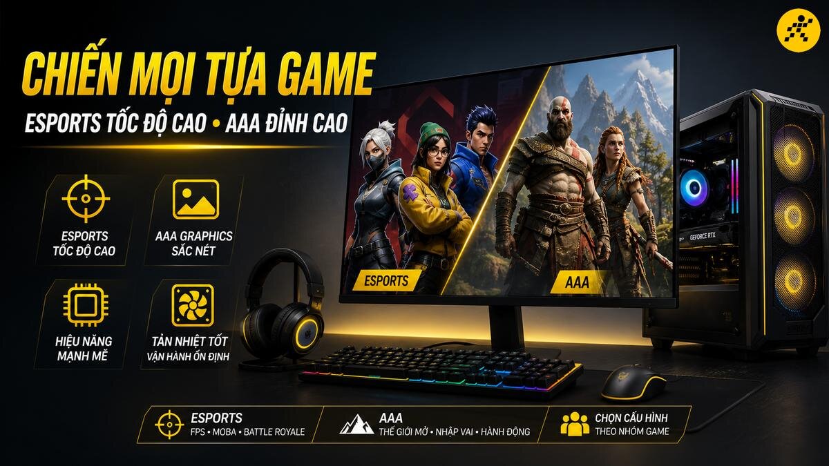 Cấu hình PC Gaming mạnh mẽ, hiệu năng vượt trội cho game thủ, chiến mượt mọi game Esports và AAA đồ họa sắc nét, vận hành ổn định. PC Gaming hiệu năng cao chiến mọi tựa game từ Esports tốc độ cao đến AAA đồ họa đỉnh cao, trang bị màn hình gaming, bàn phím, chuột, tai nghe, vỏ máy có VGA NVIDIA RTX và hệ thống tản nhiệt tốt.