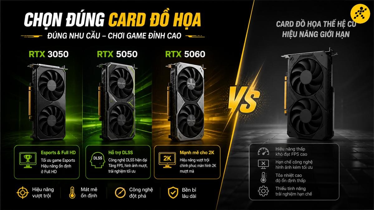 Nên chọn card đồ họa RTX nào cho PC Gaming? So sánh RTX 3050, 5050, 5060 và các loại VGA thế hệ cũ. Bảng so sánh và hướng dẫn chọn card đồ họa RTX 3050, RTX 5050, RTX 5060 cho PC Gaming, tối ưu cấu hình và hiệu năng chơi game Full HD, 2K.
