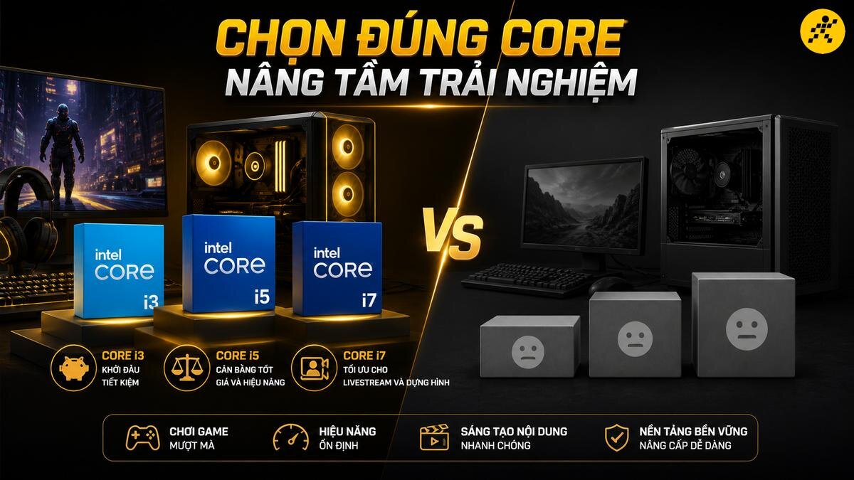 Hướng dẫn chọn cấu hình chip Intel Core i3, i5, i7 phù hợp nhất cho PC Gaming, máy tính làm việc hiệu năng cao, livestream và dựng phim chuyên nghiệp. Chọn chip Intel Core i3, i5, i7 cho PC Gaming, máy tính sáng tạo nội dung. So sánh lợi ích CPU Intel về hiệu năng, chơi game mượt mà, livestream và dựng hình.