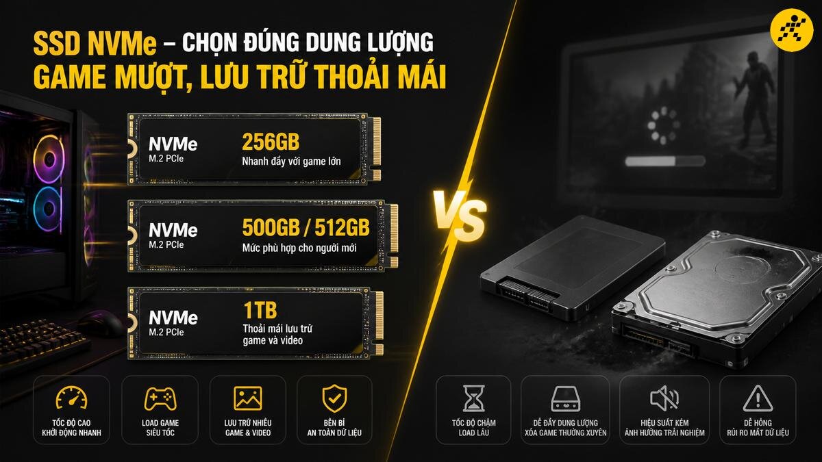 Lựa chọn dung lượng SSD NVMe M.2 PCIe phù hợp (256GB, 500GB, 1TB) để tối ưu hiệu suất máy tính chơi game, tăng tốc độ load game và đảm bảo an toàn dữ liệu so với ổ cứng HDD, SSD SATA. So sánh ổ cứng SSD NVMe M.2 PCIe dung lượng 256GB, 500GB, 1TB với HDD truyền thống cho PC Gaming, nhấn mạnh tốc độ khởi động nhanh, load game siêu tốc và lưu trữ an toàn.