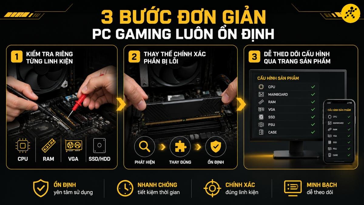 Giải pháp 3 bước đơn giản giúp PC Gaming luôn ổn định, bền bỉ với dịch vụ kiểm tra, thay thế linh kiện chính xác và theo dõi cấu hình máy tính minh bạch. Quy trình 3 bước kiểm tra, thay thế linh kiện và theo dõi cấu hình PC Gaming giúp máy tính luôn ổn định, bền bỉ. Bao gồm kiểm tra CPU, RAM, VGA, SSD/HDD, thay thế chính xác phần lỗi và dễ dàng quản lý thông số cấu hình trên màn hình, điện thoại.