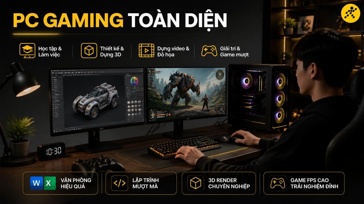 Dàn PC Gaming đa năng hiệu suất cao, lý tưởng cho đồ họa, render 3D, lập trình và giải trí game FPS đỉnh cao. Người dùng trải nghiệm PC Gaming toàn diện, một dàn máy tính chơi game cấu hình mạnh mẽ đáp ứng mọi nhu cầu từ học tập, làm việc, thiết kế đồ họa 3D, dựng video chuyên nghiệp đến chơi game mượt mà, FPS cao.