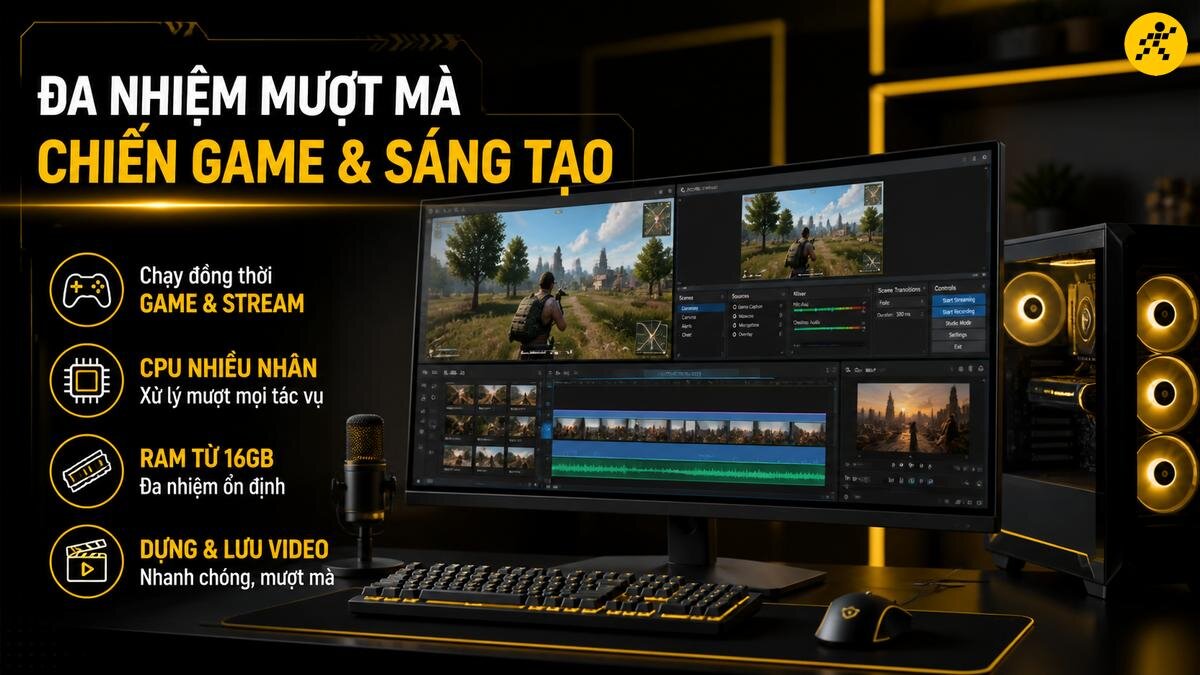 PC Gaming đa năng, hiệu năng vượt trội cho game thủ, streamer và người làm video với CPU nhiều nhân, RAM tối thiểu 16GB. Bộ PC Gaming cấu hình mạnh mẽ, đáp ứng đa nhiệm mượt mà cho việc chiến game, livestream và sáng tạo nội dung. Màn hình hiển thị game và phần mềm chỉnh sửa video chuyên nghiệp, cùng với vỏ case PC có hệ thống quạt tản nhiệt hiệu suất cao và đèn LED vàng ấn tượng.