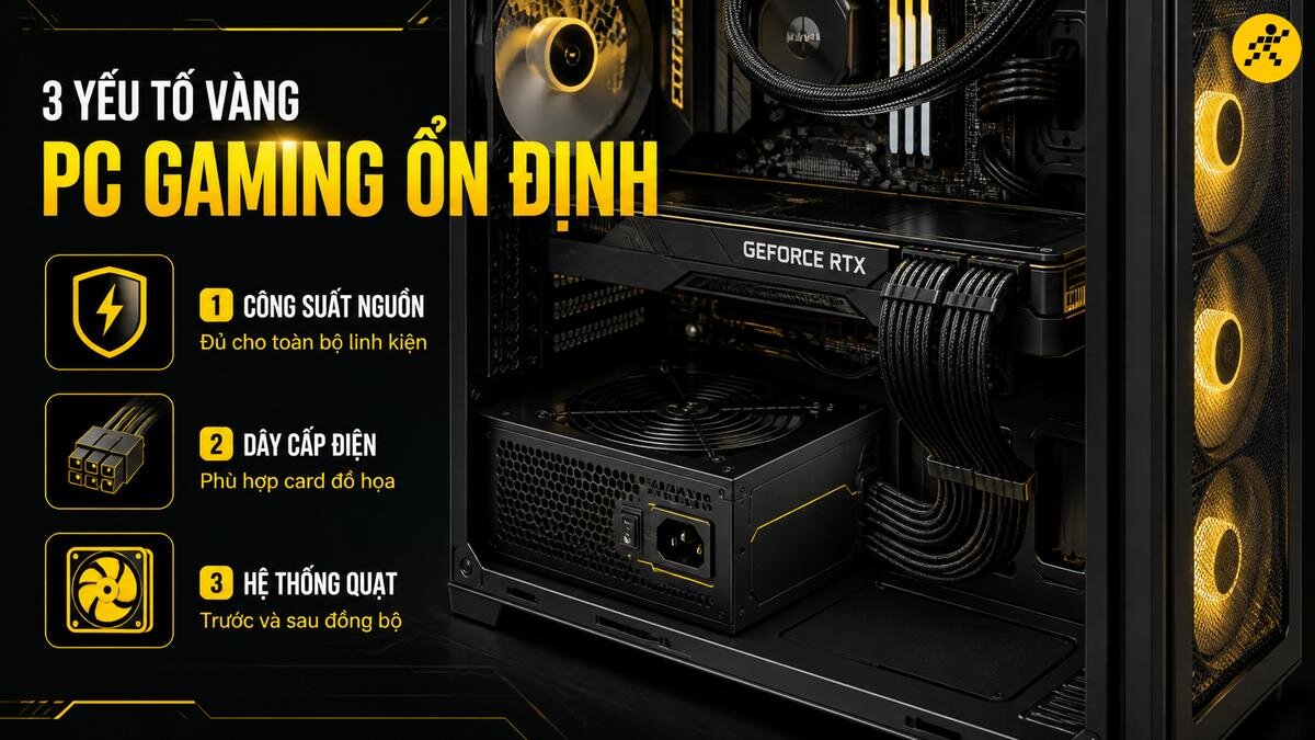 3 yếu tố vàng cho PC Gaming ổn định: Nguồn máy tính mạnh, dây cấp điện card đồ họa chất lượng, quạt tản nhiệt đồng bộ. Cấu hình PC Gaming ổn định với 3 yếu tố vàng: Nguồn công suất đủ, dây cấp điện card đồ họa phù hợp và hệ thống quạt tản nhiệt hiệu quả.