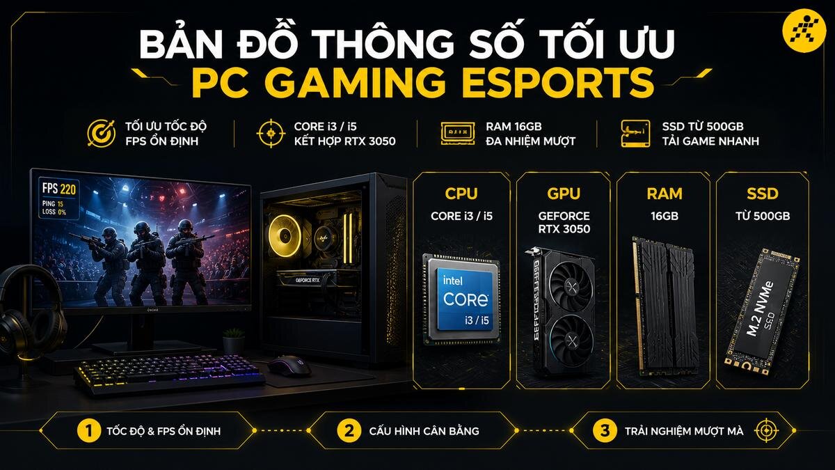 Cấu hình PC Gaming Esports tối ưu với Intel Core i3/i5, RTX 3050, RAM 16GB, SSD 500GB cho hiệu năng ổn định và trải nghiệm gaming mượt mà. Bản đồ thông số cấu hình PC Gaming Esports tối ưu với CPU Intel Core i3/i5, GPU NVIDIA GeForce RTX 3050, RAM 16GB và SSD 500GB, mang lại tốc độ FPS ổn định và trải nghiệm chơi game mượt mà.