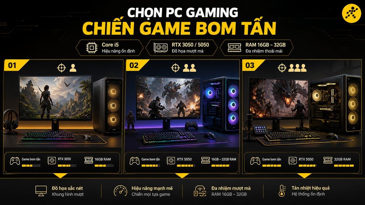 Hướng dẫn chọn mua PC Gaming cấu hình mạnh mẽ cho mọi tựa game, đảm bảo đa nhiệm mượt mà và tản nhiệt hiệu quả tại Thế Giới Di Động. Cấu hình PC Gaming chiến game bom tấn với CPU Core i5, card đồ họa RTX 3050/5050 và RAM 16-32GB, tối ưu hiệu năng và đồ họa sắc nét.