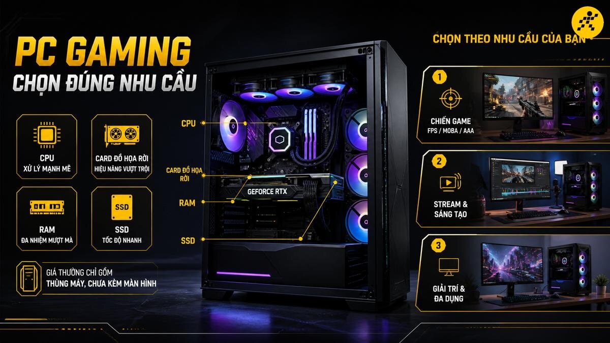 Hướng dẫn chọn PC Gaming phù hợp nhu cầu chơi game, làm việc, giải trí với các linh kiện quan trọng như CPU, GPU, RAM, SSD PC Gaming cấu hình cao cấp chi tiết linh kiện CPU, card đồ họa rời NVIDIA GeForce RTX, RAM, SSD và gợi ý chọn PC theo nhu cầu chiến game FPS/MOBA/AAA, stream, sáng tạo, giải trí, đa dụng