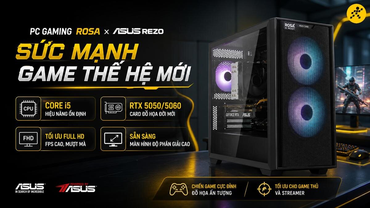 Dàn máy PC Gaming ROSA ASUS REZO cao cấp, cấu hình Core i5, RTX 5050/5060, hiệu năng ổn định, tối ưu cho game thủ và streamer. PC Gaming ROSA ASUS REZO với cấu hình mạnh mẽ, trang bị CPU Intel Core i5 và card đồ họa NVIDIA RTX 5050/5060 thế hệ mới, tối ưu hiệu năng chơi game mượt mà cho game thủ và streamer.