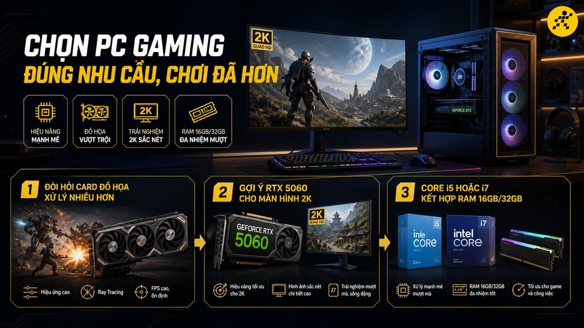 Hướng dẫn chọn PC Gaming phù hợp nhu cầu, cấu hình chơi game 2K mượt mà với Intel Core và GeForce RTX Cấu hình PC Gaming tối ưu cho game 2K, dàn máy Intel Core i5/i7, card đồ họa RTX 5060, RAM 16GB/32GB, hiệu năng mạnh mẽ