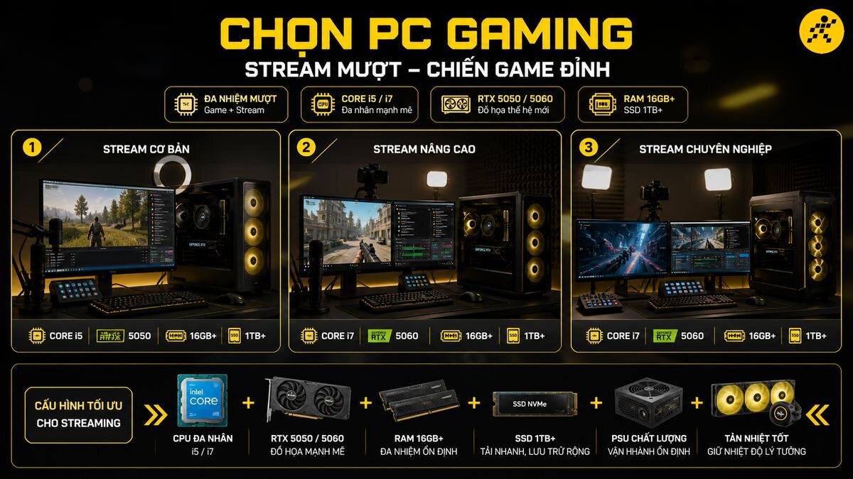 Tư vấn chọn mua máy tính chơi game và livestream đỉnh cao, với ba cấp độ cấu hình từ cơ bản đến chuyên nghiệp, đảm bảo hiệu năng tối ưu cho mọi nhu cầu chiến game và phát trực tiếp. Bảng so sánh cấu hình PC Gaming chuyên nghiệp cho streaming game mượt mà, giới thiệu các tùy chọn CPU Intel Core i5/i7, card đồ họa RTX 5050/5060, RAM 16GB+ và SSD 1TB+ NVMe, cùng các linh kiện tản nhiệt và nguồn chất lượng.