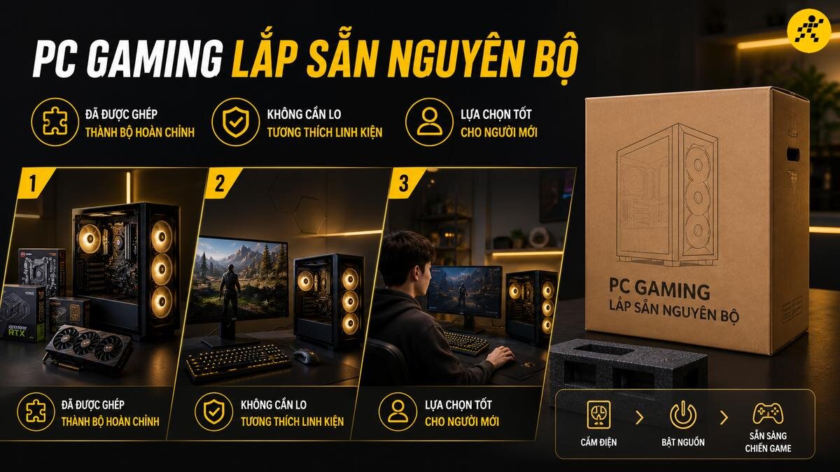 Mua PC Gaming lắp sẵn nguyên bộ tại Thế Giới Di Động: Đã ráp hoàn chỉnh, không lo tương thích linh kiện, lựa chọn tối ưu cho game thủ mới chỉ việc cắm nguồn và chiến game. PC Gaming lắp sẵn nguyên bộ tại TGDD, quy trình lắp đặt chuyên nghiệp, đảm bảo tương thích linh kiện, phù hợp cho người mới bắt đầu chỉ cần cắm điện là sẵn sàng chơi game.