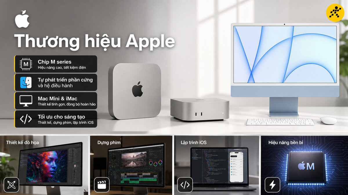 Máy tính để bàn Mac Mini, Mac Studio và iMac của Apple, thể hiện chip M series và các ứng dụng đồ họa, dựng phim, lập trình iOS