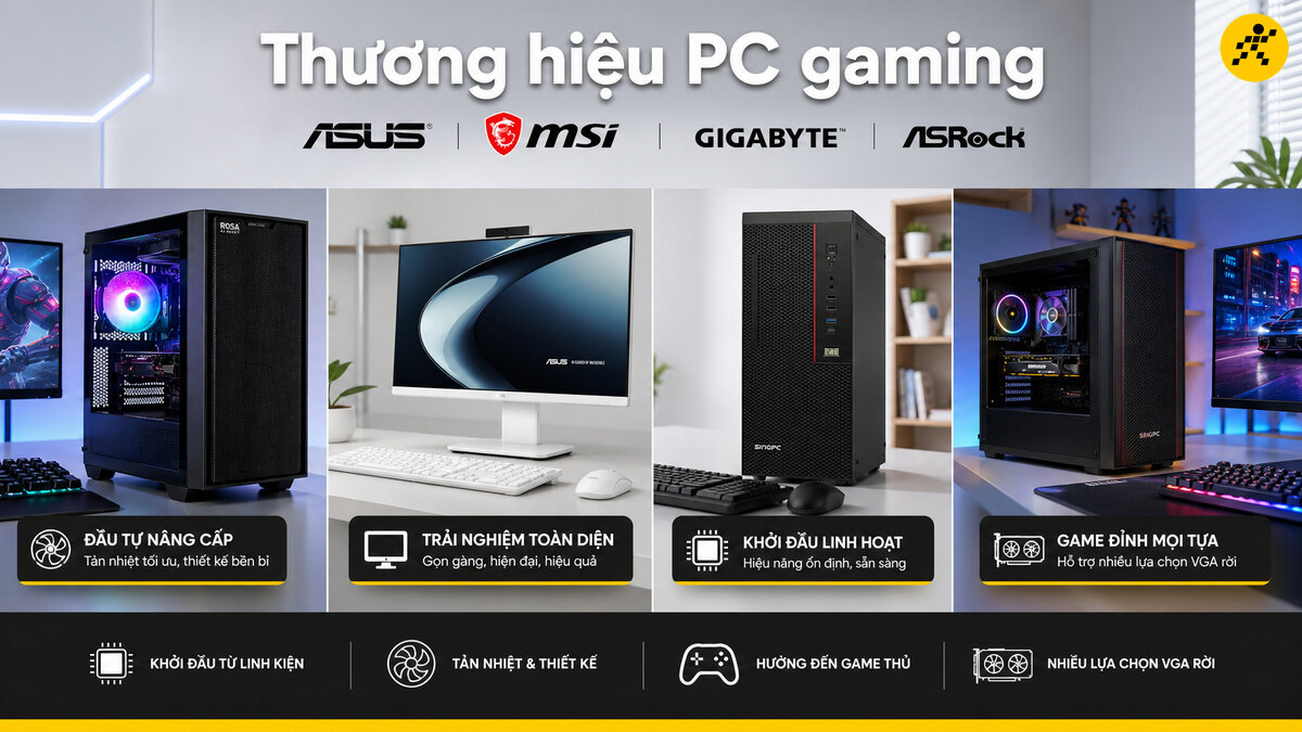 Bốn mẫu máy tính để bàn đa dạng từ các thương hiệu lớn như ASUS, MSI, Gigabyte, ASRock với các màn hình và phụ kiện bàn phím, chuột đi kèm