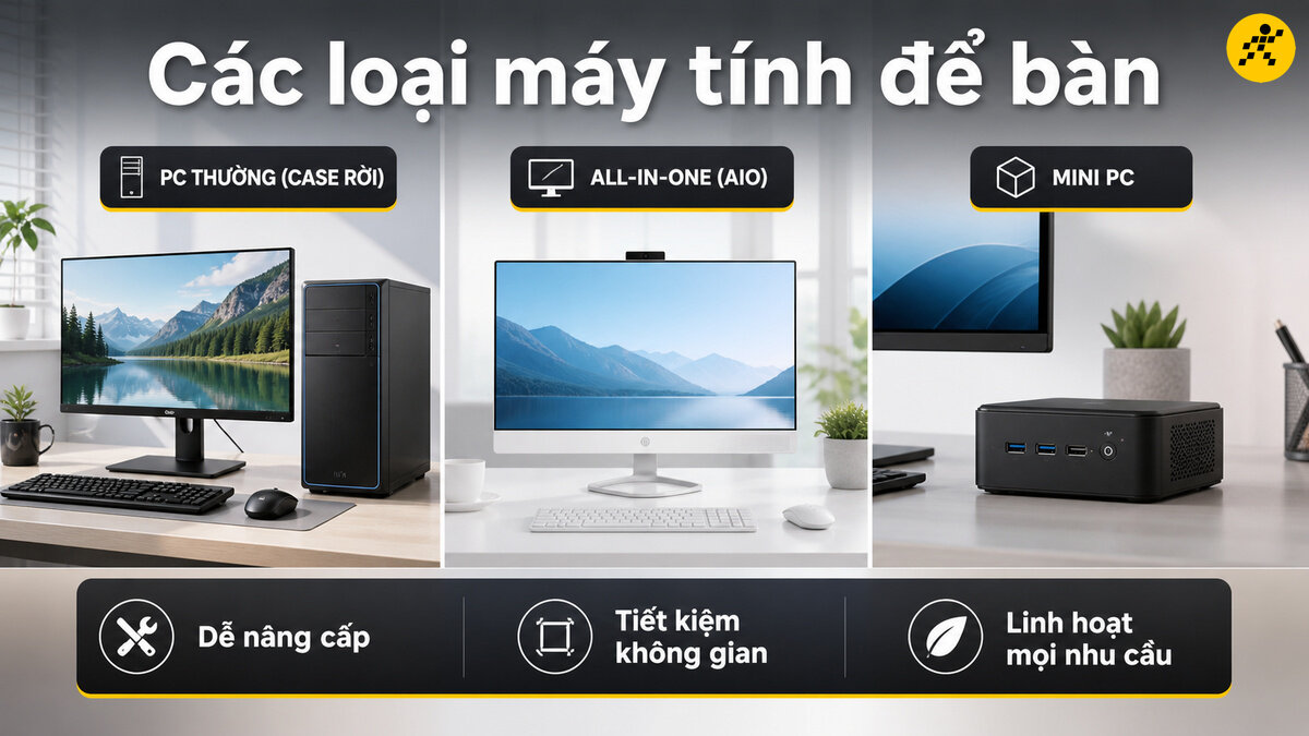 Các loại máy tính để bàn: PC thường (case rời), All-in-One và Mini PC đặt trên bàn làm việc cùng màn hình, bàn phím, chuột