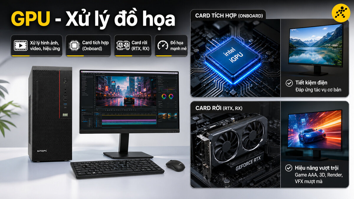 Máy tính để bàn và màn hình hiển thị phần mềm chỉnh sửa video, kèm biểu đồ so sánh chi tiết giữa card đồ họa tích hợp Intel iGPU và card đồ họa rời GeForce RTX.