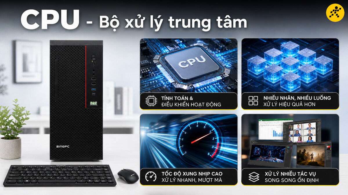 Máy tính để bàn màu đen đặt cạnh bàn phím, chuột và infographic mô tả các chức năng của CPU như tính toán, đa nhiệm, tốc độ xử lý