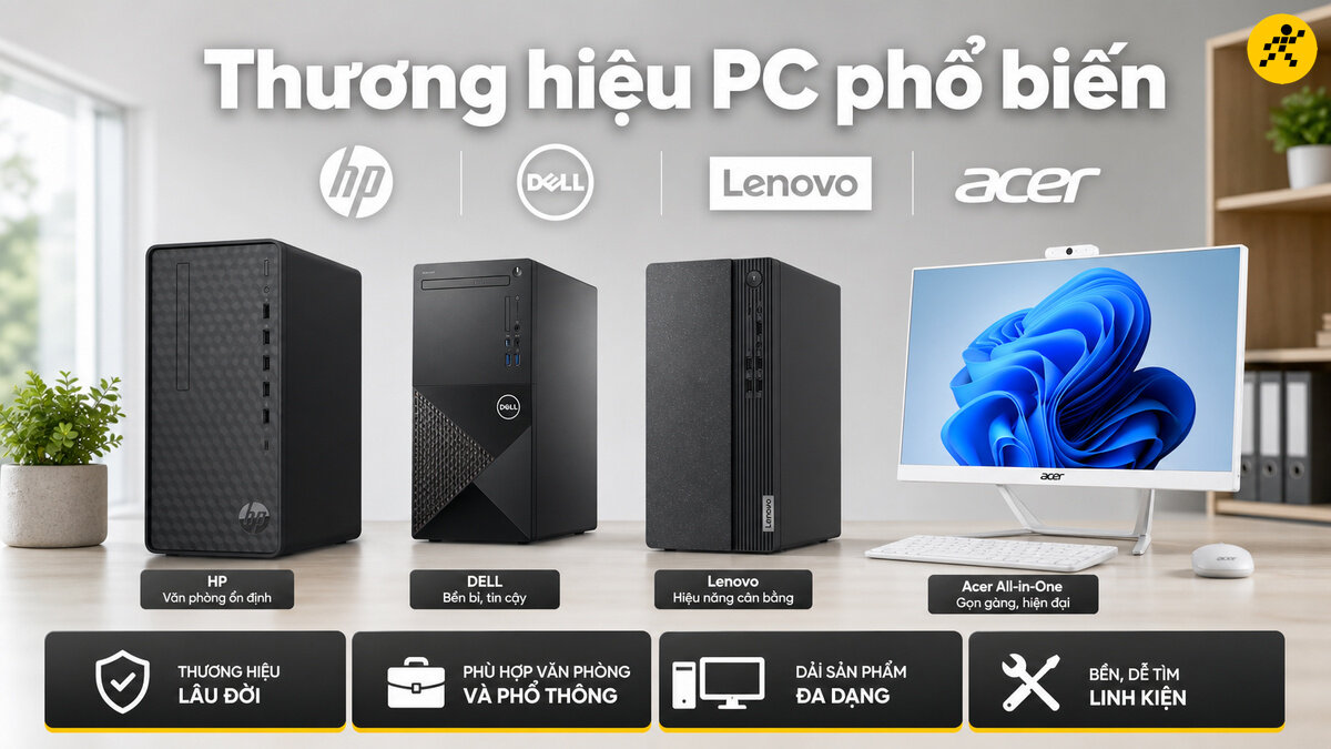 Bốn mẫu máy tính để bàn từ các thương hiệu HP, Dell, Lenovo và Acer được trưng bày trong không gian văn phòng.
