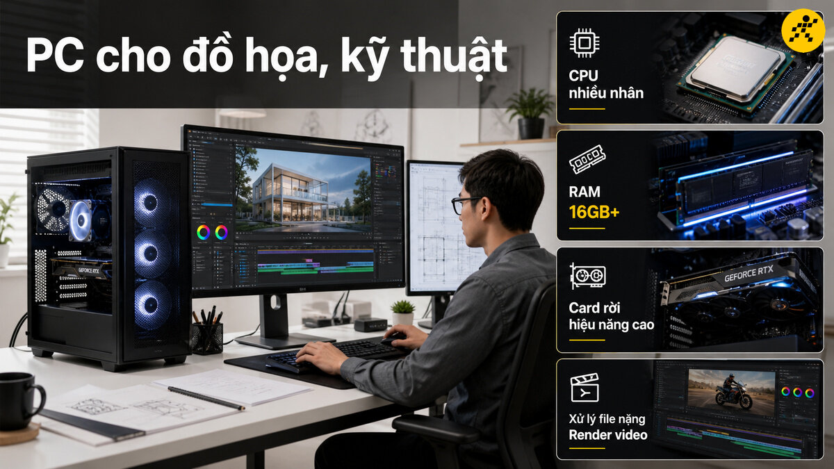 Một người đàn ông đang sử dụng máy tính để bàn cấu hình cao với hai màn hình lớn, một màn hình hiển thị thiết kế kiến trúc 3D, màn hình còn lại hiển thị bản vẽ kỹ thuật. Cạnh đó là vỏ case máy tính với các quạt đèn LED và thông tin về CPU đa nhân, RAM 16GB+, card đồ họa rời hiệu năng cao.