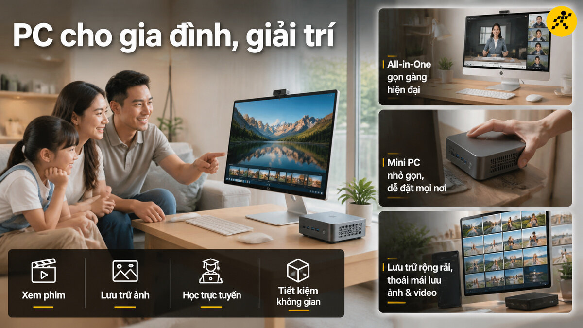 Gia đình ba người đang xem màn hình máy tính để bàn nhỏ gọn đặt trên bàn trong phòng khách, với các hình ảnh máy tính All-in-One, Mini PC và ổ cứng rời.