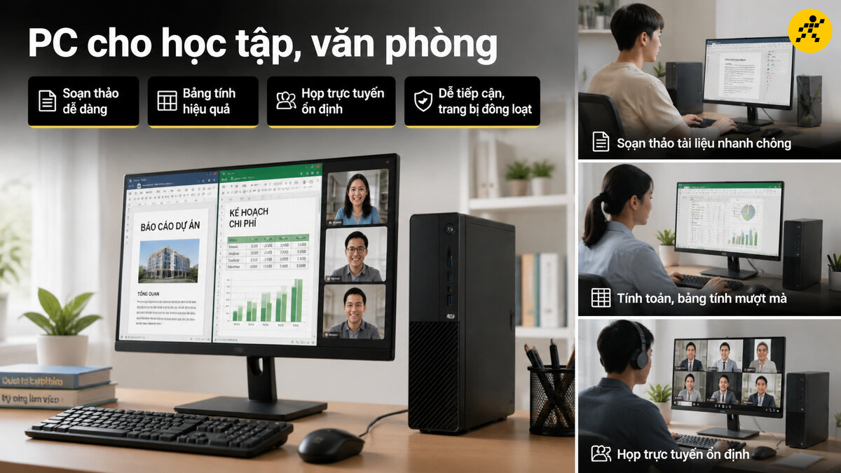Máy tính để bàn cùng màn hình, bàn phím, chuột và hình ảnh người dùng thực hiện các tác vụ văn phòng, học tập như soạn thảo văn bản, bảng tính, họp trực tuyến hiệu quả.