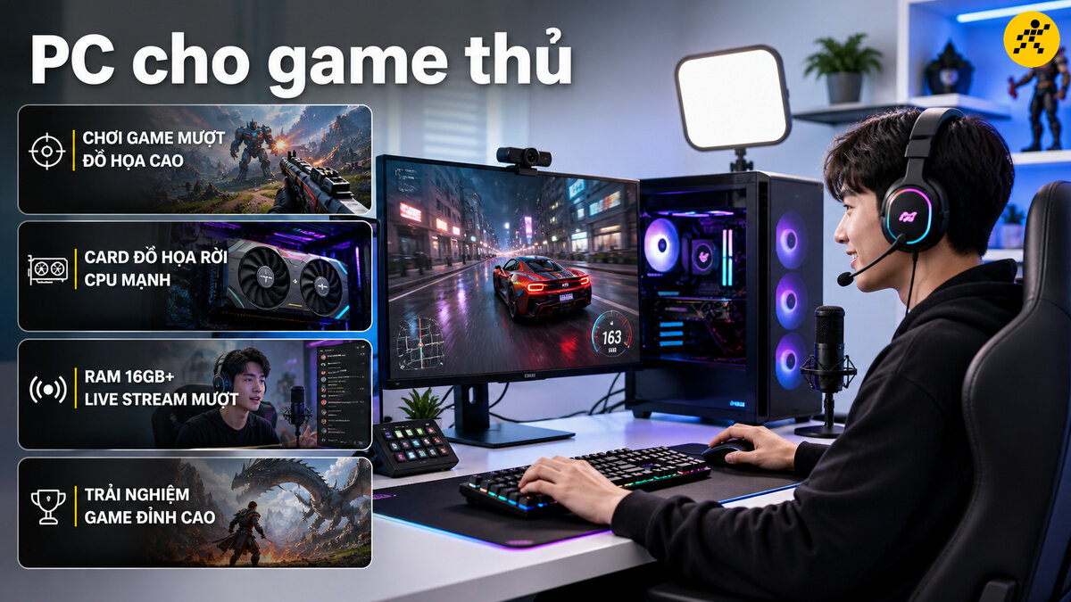 Một game thủ đeo tai nghe có mic đang chơi game trên máy tính để bàn cấu hình cao với màn hình lớn và bàn phím cơ. Cạnh đó là các bảng thông tin về hiệu năng của PC gaming.