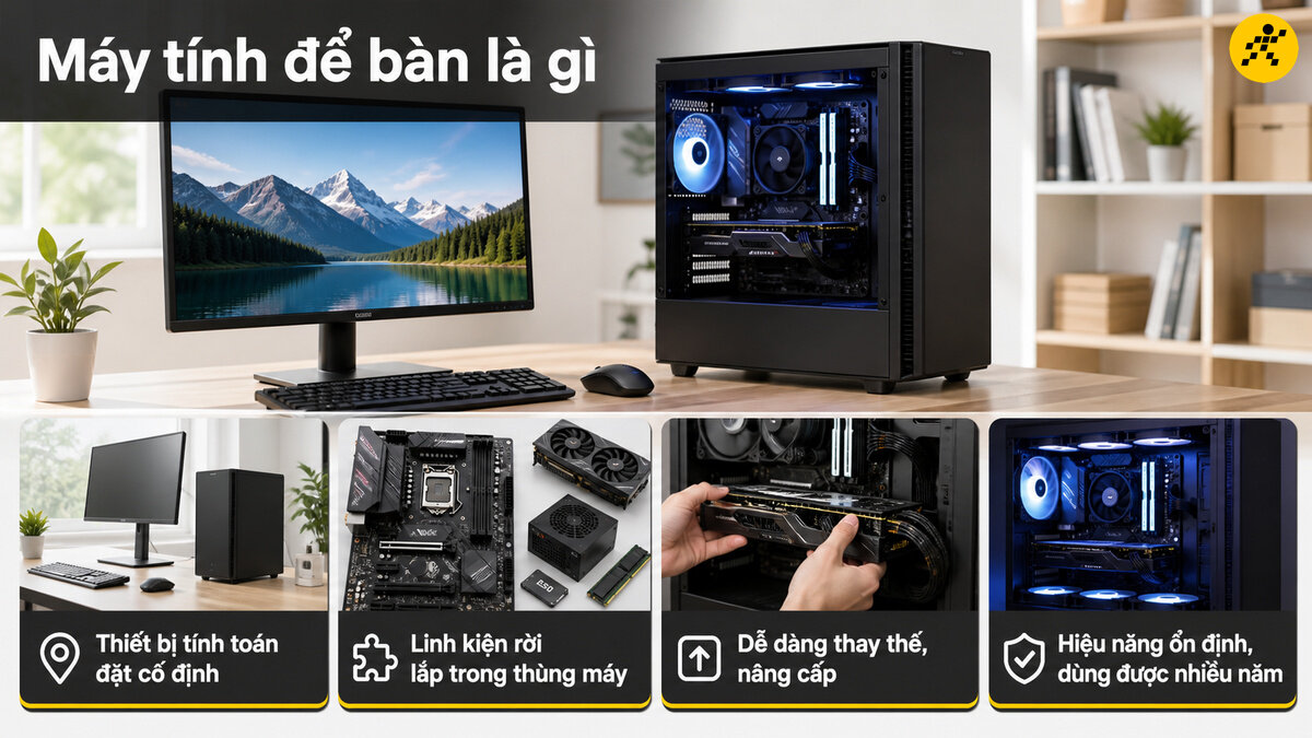 Bộ máy tính để bàn hoàn chỉnh gồm màn hình, bàn phím, chuột và thùng máy tính trưng bày các linh kiện bên trong. Phía dưới là hình ảnh minh họa các linh kiện rời và khả năng lắp đặt, nâng cấp của máy tính.