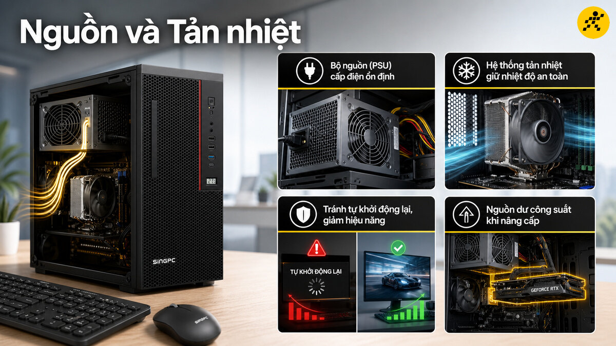 Máy tính để bàn hiển thị bộ nguồn và hệ thống tản nhiệt CPU bên trong, cùng các yếu tố đảm bảo hiệu suất và khả năng nâng cấp.