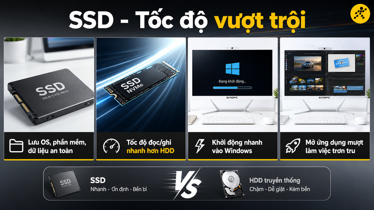 Hai loại ổ cứng SSD (SATA và NVMe) cùng màn hình máy tính hiển thị quá trình khởi động Windows nhanh và sử dụng phần mềm chỉnh sửa video mượt mà. Bên dưới là bảng so sánh lợi ích vượt trội của SSD so với HDD truyền thống.