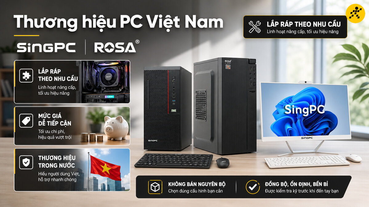 Hai máy tính để bàn dạng tháp màu đen và một máy tính All-in-One trắng, cùng bàn phím và chuột, đặt trên bàn gỗ. Các biểu ngữ giới thiệu thương hiệu PC Việt Nam SingPC, Rosa, với các ưu điểm như lắp ráp theo nhu cầu, mức giá tiếp cận, thương hiệu trong nước, và cam kết đồng bộ, ổn định, bền bỉ.